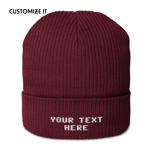 CUSTOM Your Text Pixel Embroidered Organic Ribbed Beanie