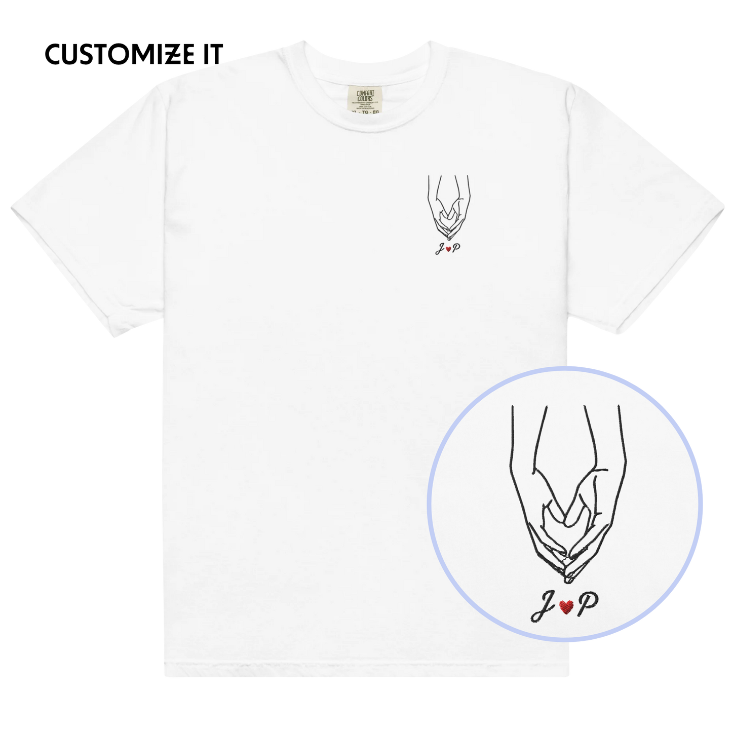 CUSTOM Couple Initials Embroidered T-Shirt - Heart Hands