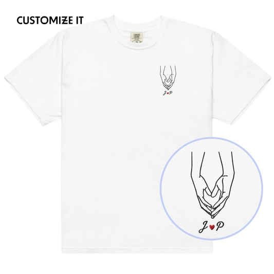 CUSTOM Couple Initials Embroidered T-Shirt - Heart Hands
