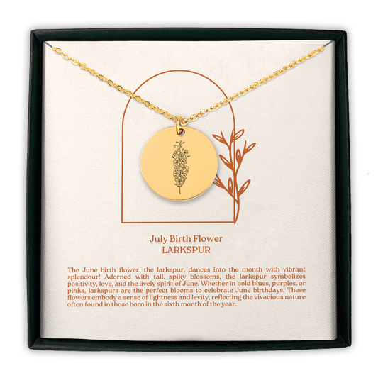 July Birth Flower Coin Necklace (Larkspur)