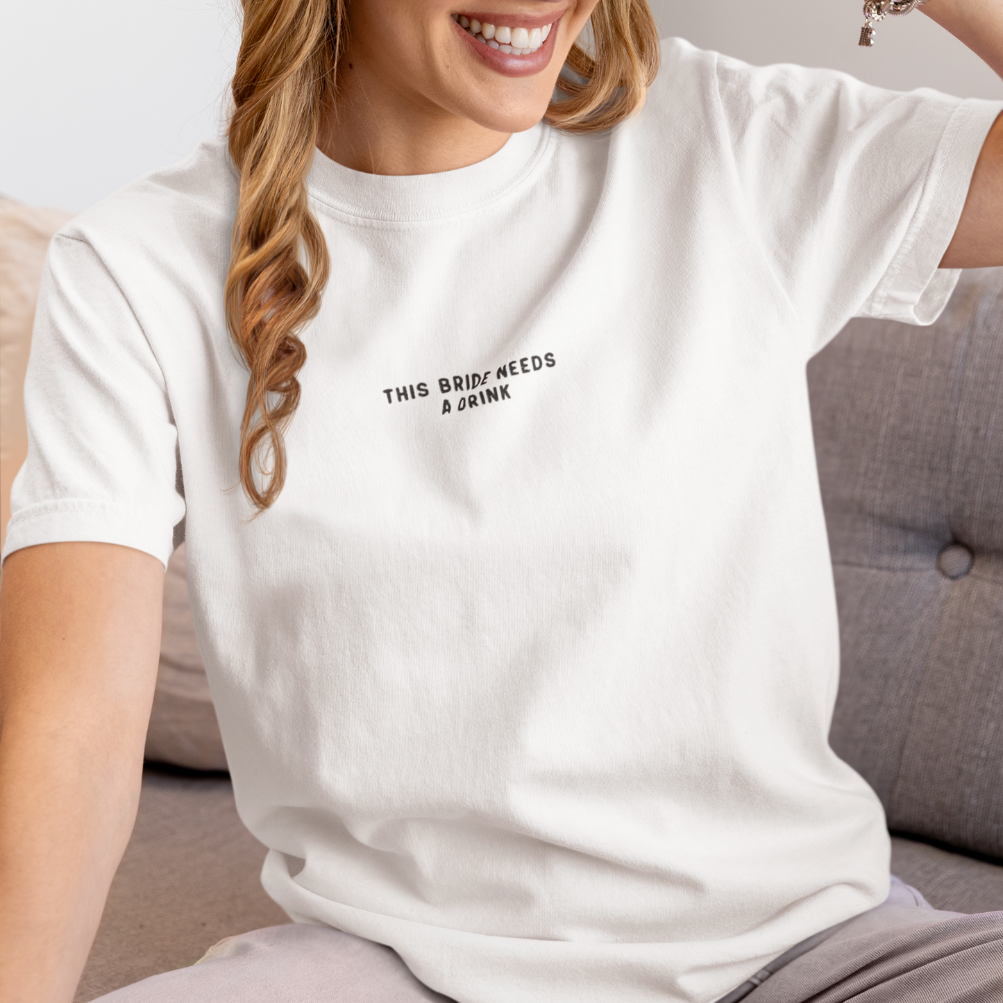 This Bride Needs a Drink Embroidered Premium T-Shirt