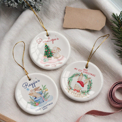 CUSTOM Baby's First Christmas Bunny Ceramic Christmas Ornament