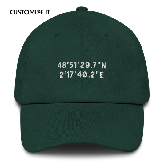 CUSTOM Location Coordinates Embroidered Dad Hat