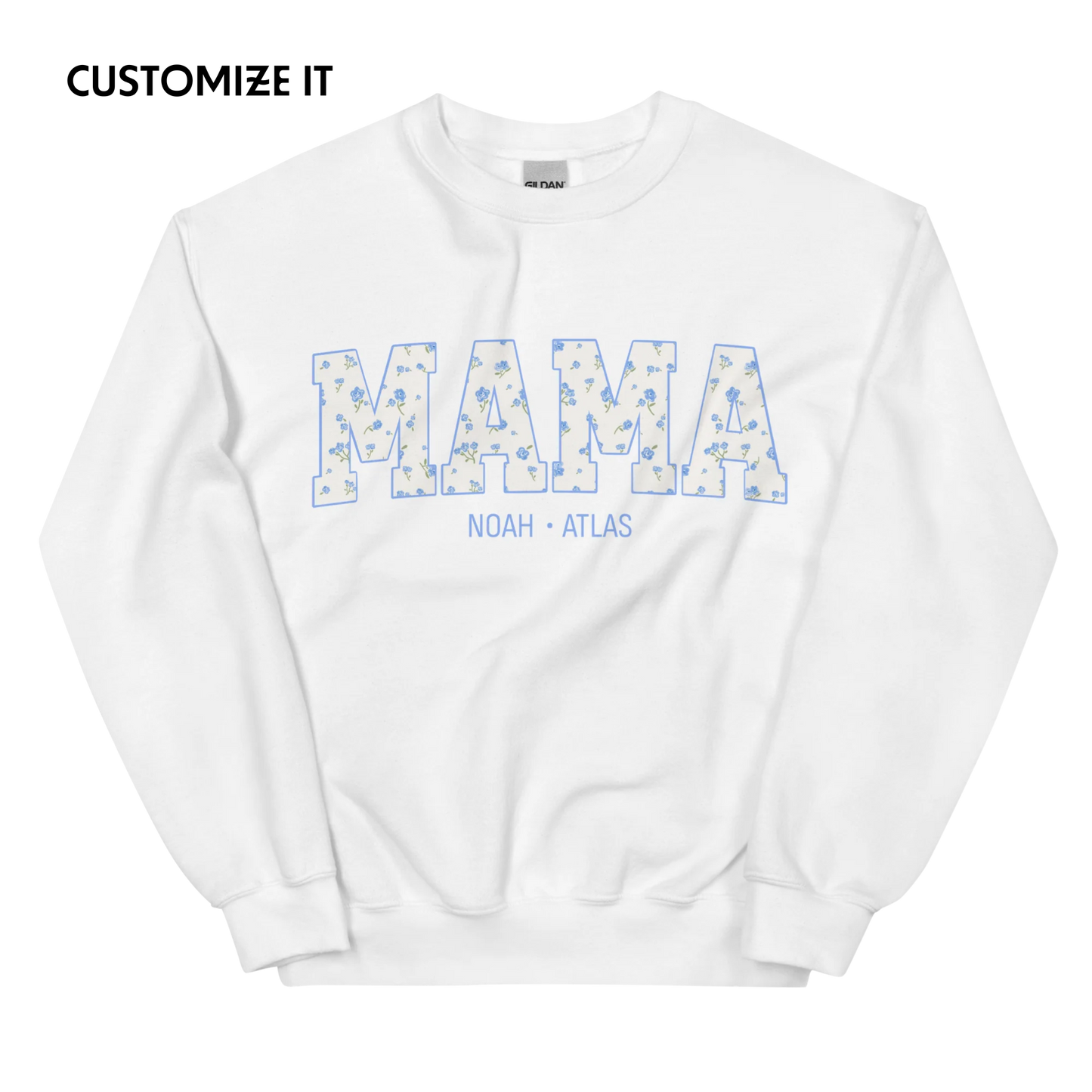CUSTOM NAMES Mama Blue Floral Varsity Sweatshirt