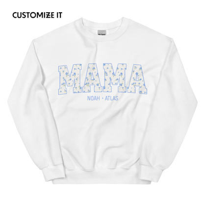 CUSTOM NAMES Mama Blue Floral Varsity Sweatshirt