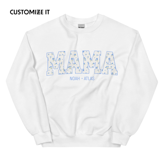 CUSTOM NAMES Mama Blue Floral Varsity Sweatshirt