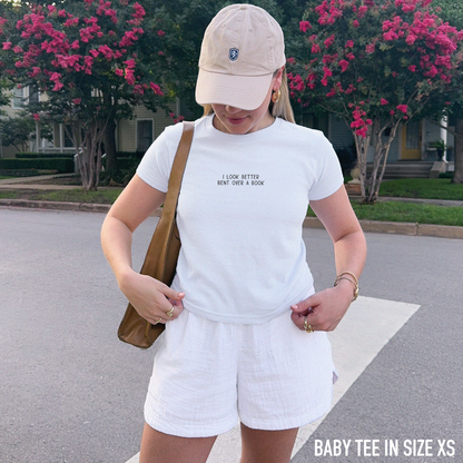 I Look Better Bent Over a Book Embroidered Baby Tee