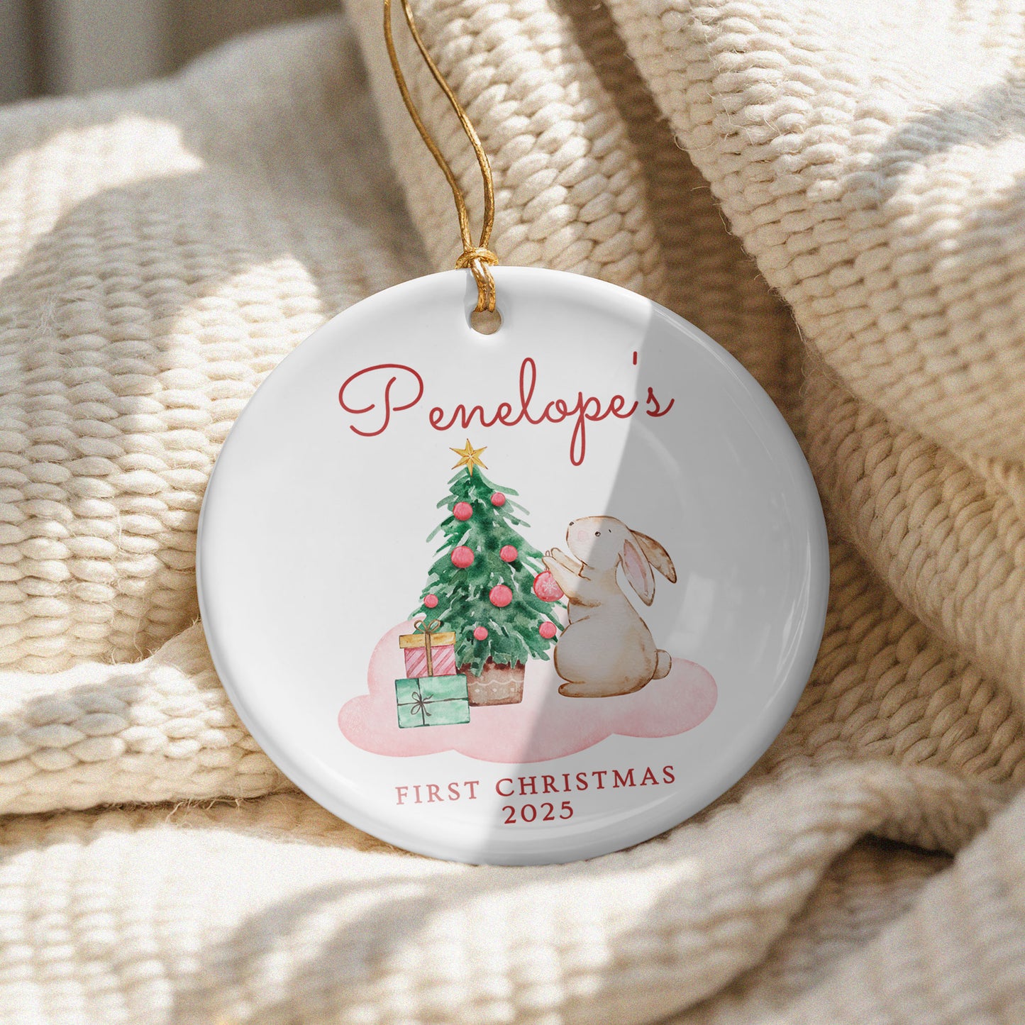 CUSTOM Baby's First Christmas Bunny Ceramic Christmas Ornament