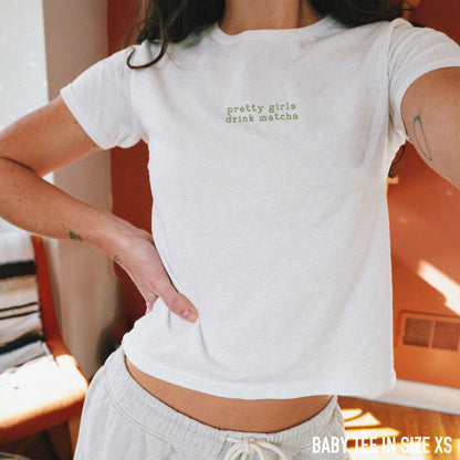 Pretty Girls Drink Matcha Embroidered Baby Tee