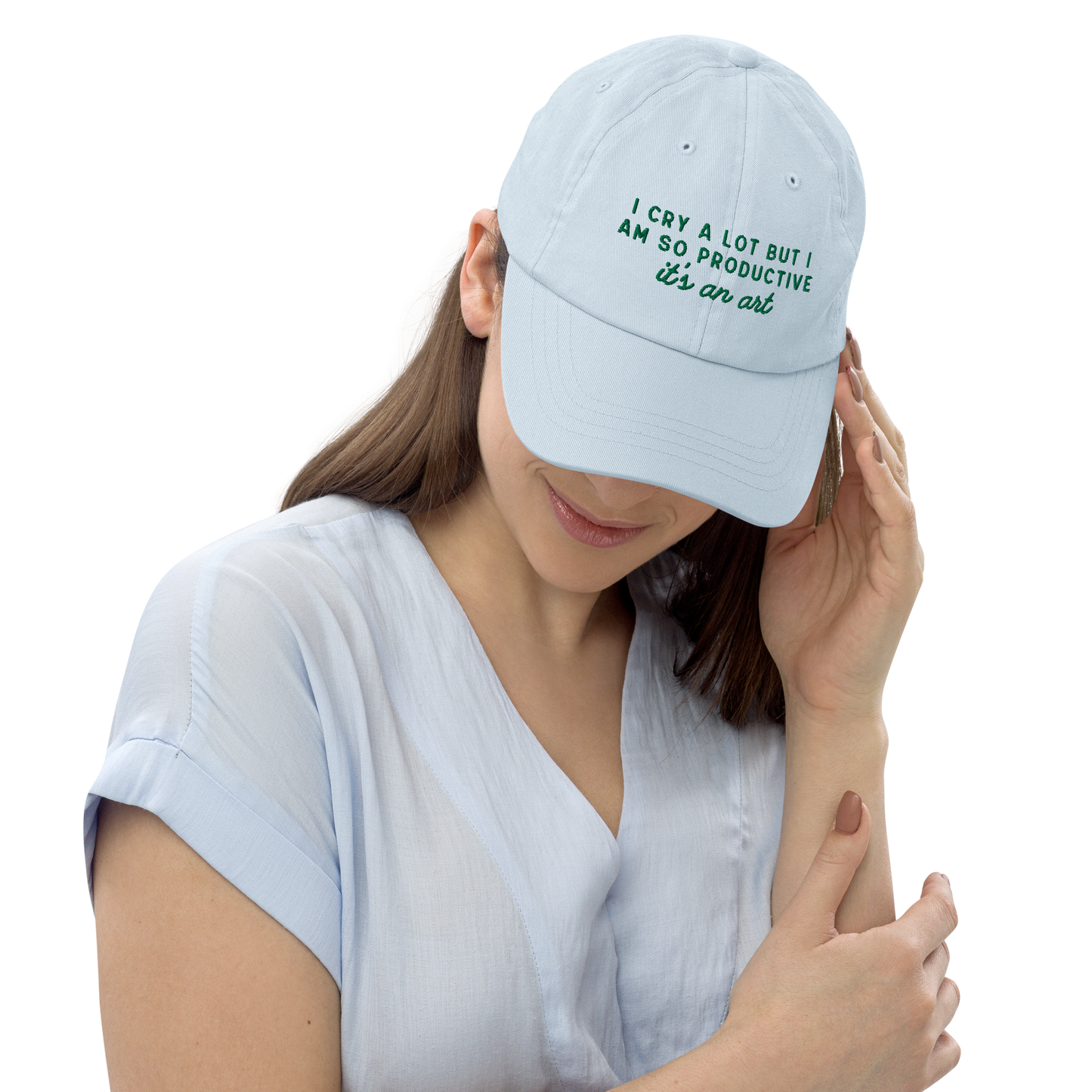 I Cry a Lot But I am so Productive, it's an Art Embroidered Pastel Baseball Cap