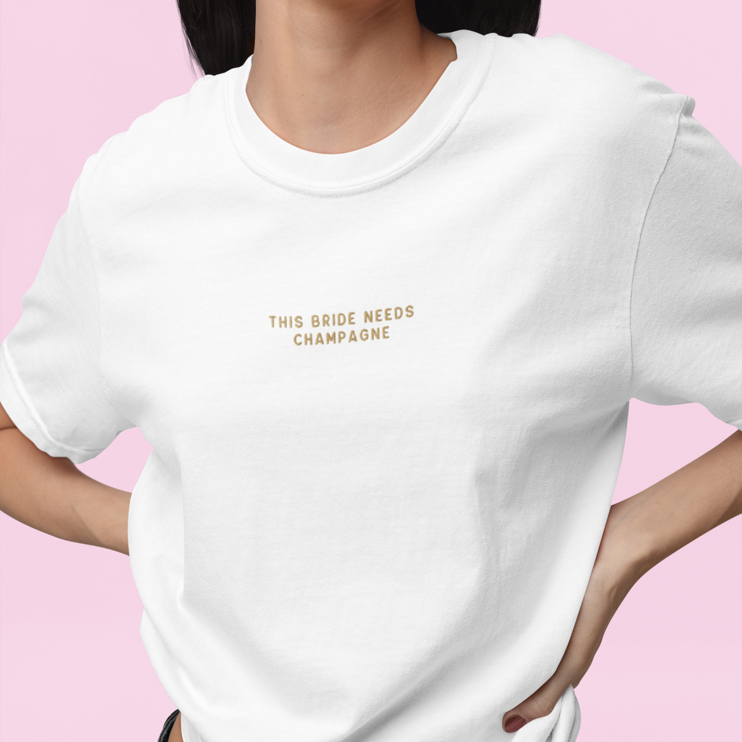 This Bride Needs Champagne Embroidered Premium T-Shirt