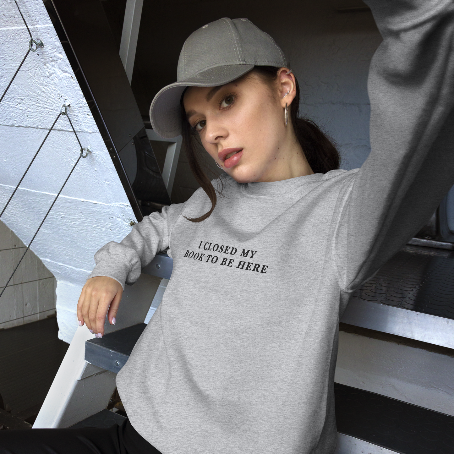 I Closed My Book To Be Here Embroidered Crewneck Sweatshirt